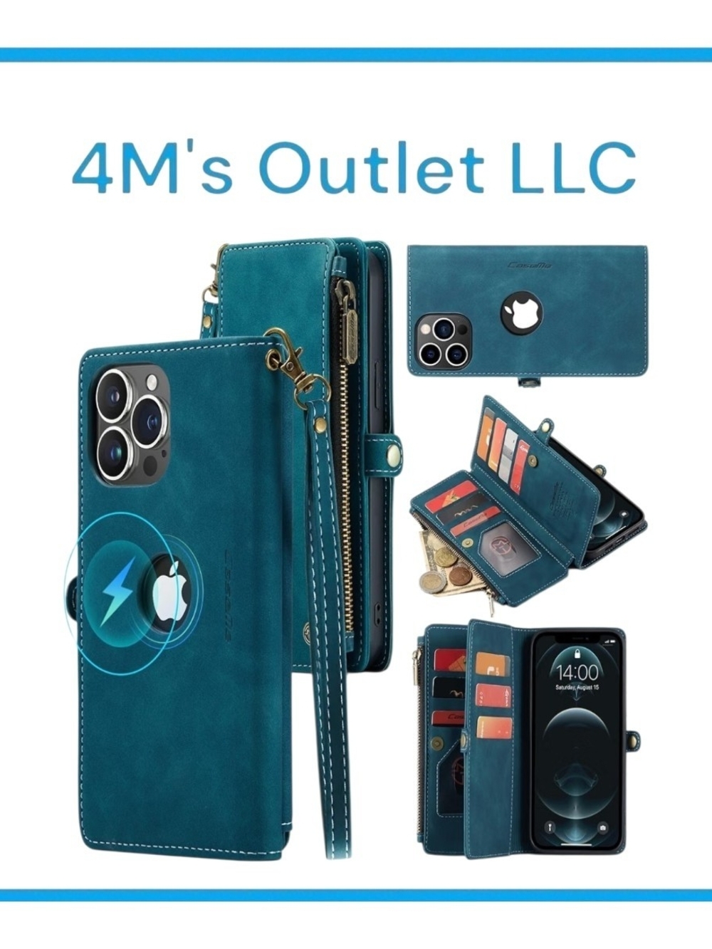 Premium Teal Wallet Phone Case with Wrist Strap - Magnetic Closure, Iphone 13